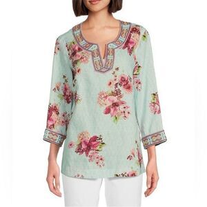 John•Mark Embroidered 3/4 Sleeve Floral Bird Multi Linen-Look Tunic XL